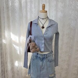 John Galt Brandy Melville Grey Button Up Cropped Cardigan Long Sleeve Sz Small